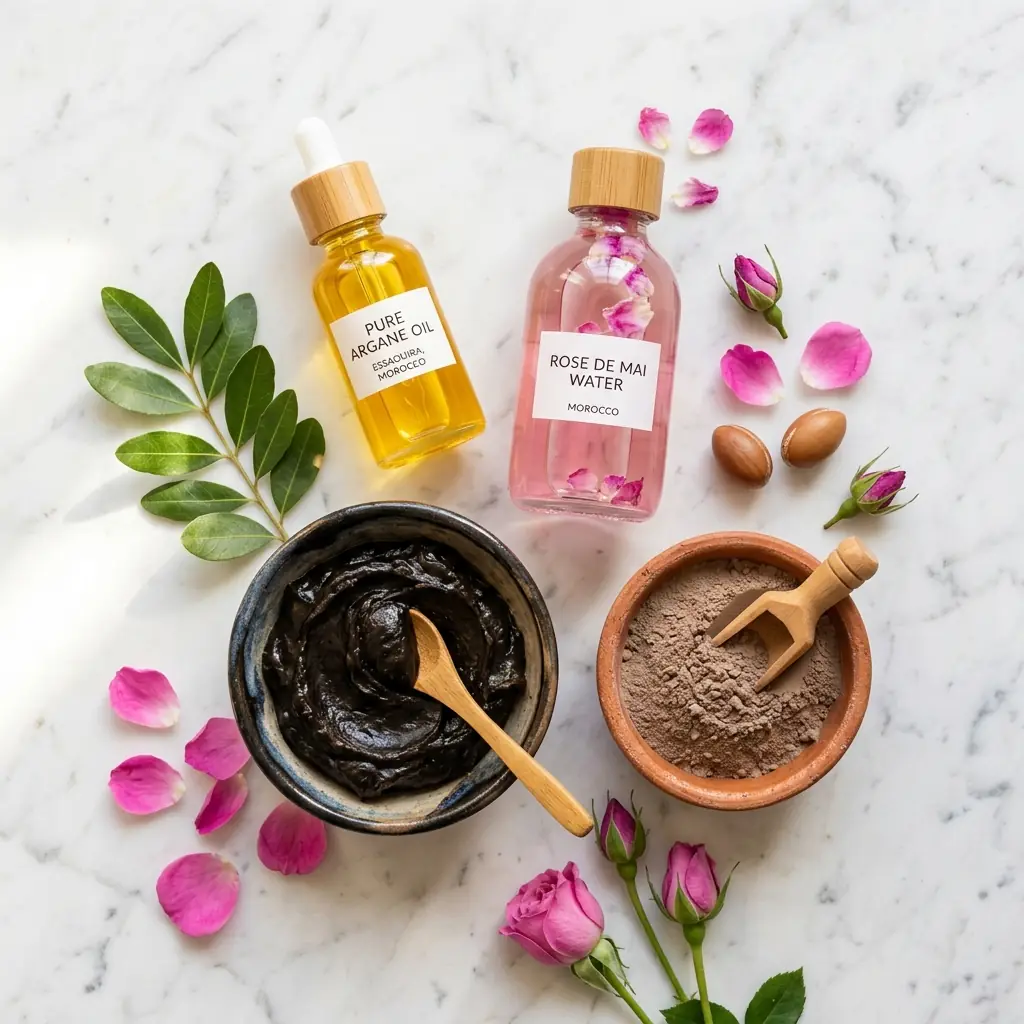 Moroccan argan oil, rose water, black soap and rhassoul clay