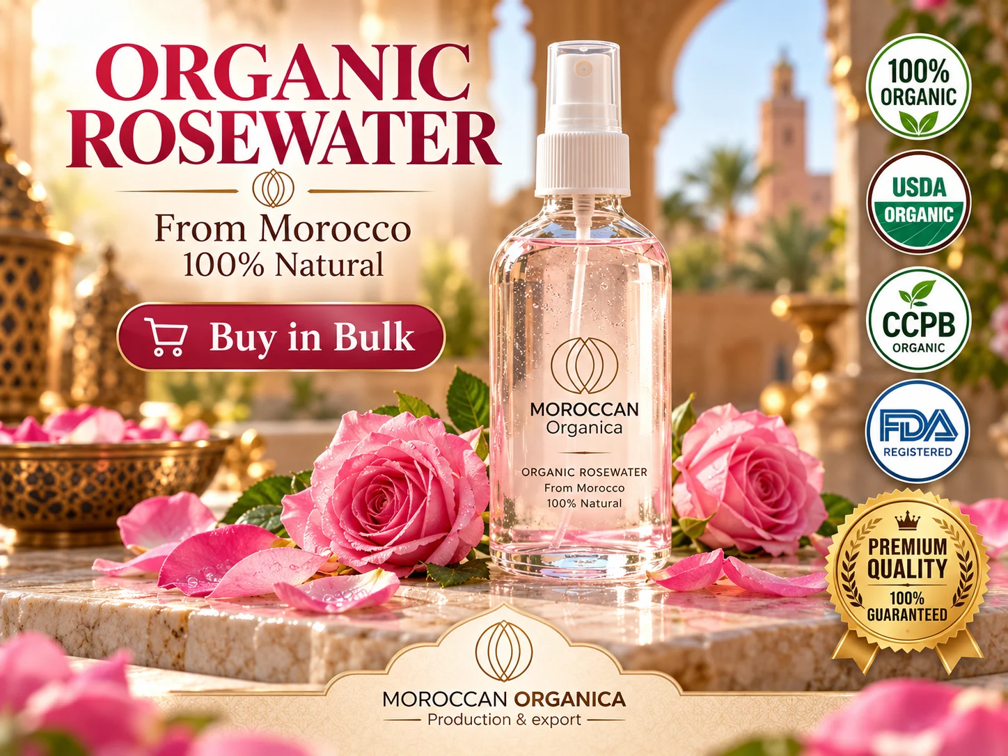 Organic Moroccan Rose Water – Pure Natural Floral Toner